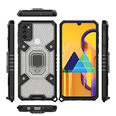 Silikon Hülle Handyhülle und Kunststoff Schutzhülle Hartschalen Tasche mit Magnetisch Fingerring Ständer KC3 für Samsung Galaxy M21 Schwarz