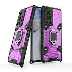 Silikon Hülle Handyhülle und Kunststoff Schutzhülle Hartschalen Tasche mit Magnetisch Fingerring Ständer KC4 für Vivo X70 Pro 5G Violett