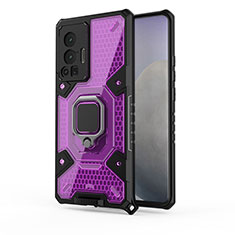 Silikon Hülle Handyhülle und Kunststoff Schutzhülle Hartschalen Tasche mit Magnetisch Fingerring Ständer KC5 für Vivo X70 Pro 5G Violett