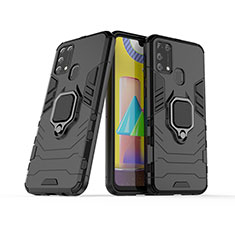Silikon Hülle Handyhülle und Kunststoff Schutzhülle Hartschalen Tasche mit Magnetisch Fingerring Ständer KC6 für Samsung Galaxy M21s Schwarz