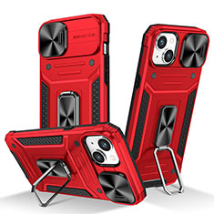 Silikon Hülle Handyhülle und Kunststoff Schutzhülle Hartschalen Tasche mit Magnetisch Fingerring Ständer KC7 für Apple iPhone 15 Rot