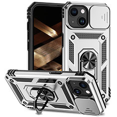Silikon Hülle Handyhülle und Kunststoff Schutzhülle Hartschalen Tasche mit Magnetisch Fingerring Ständer MQ1 für Apple iPhone 14 Silber
