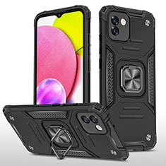 Silikon Hülle Handyhülle und Kunststoff Schutzhülle Hartschalen Tasche mit Magnetisch Fingerring Ständer MQ1 für Samsung Galaxy A03 Schwarz