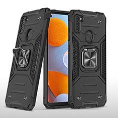 Silikon Hülle Handyhülle und Kunststoff Schutzhülle Hartschalen Tasche mit Magnetisch Fingerring Ständer MQ1 für Samsung Galaxy A11 Schwarz