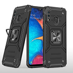 Silikon Hülle Handyhülle und Kunststoff Schutzhülle Hartschalen Tasche mit Magnetisch Fingerring Ständer MQ1 für Samsung Galaxy A20 Schwarz