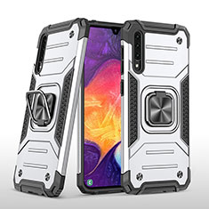 Silikon Hülle Handyhülle und Kunststoff Schutzhülle Hartschalen Tasche mit Magnetisch Fingerring Ständer MQ1 für Samsung Galaxy A30S Silber