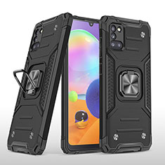Silikon Hülle Handyhülle und Kunststoff Schutzhülle Hartschalen Tasche mit Magnetisch Fingerring Ständer MQ1 für Samsung Galaxy A31 Schwarz