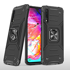 Silikon Hülle Handyhülle und Kunststoff Schutzhülle Hartschalen Tasche mit Magnetisch Fingerring Ständer MQ1 für Samsung Galaxy A70 Schwarz