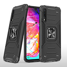 Silikon Hülle Handyhülle und Kunststoff Schutzhülle Hartschalen Tasche mit Magnetisch Fingerring Ständer MQ1 für Samsung Galaxy A70S Schwarz