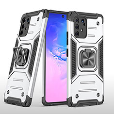 Silikon Hülle Handyhülle und Kunststoff Schutzhülle Hartschalen Tasche mit Magnetisch Fingerring Ständer MQ1 für Samsung Galaxy A91 Silber