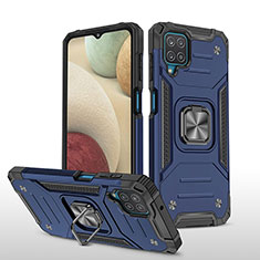 Silikon Hülle Handyhülle und Kunststoff Schutzhülle Hartschalen Tasche mit Magnetisch Fingerring Ständer MQ1 für Samsung Galaxy F12 Blau