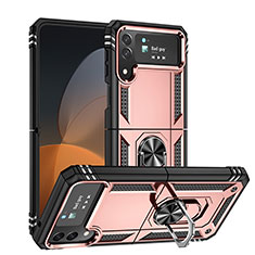 Silikon Hülle Handyhülle und Kunststoff Schutzhülle Hartschalen Tasche mit Magnetisch Fingerring Ständer MQ1 für Samsung Galaxy Z Flip4 5G Rosegold