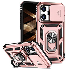 Silikon Hülle Handyhülle und Kunststoff Schutzhülle Hartschalen Tasche mit Magnetisch Fingerring Ständer MQ2 für Apple iPhone 15 Pro Rosegold