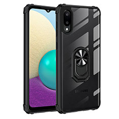 Silikon Hülle Handyhülle und Kunststoff Schutzhülle Hartschalen Tasche mit Magnetisch Fingerring Ständer MQ2 für Samsung Galaxy A02 Schwarz