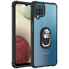 Silikon Hülle Handyhülle und Kunststoff Schutzhülle Hartschalen Tasche mit Magnetisch Fingerring Ständer MQ2 für Samsung Galaxy A12 Silber und Schwarz