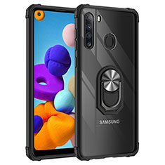 Silikon Hülle Handyhülle und Kunststoff Schutzhülle Hartschalen Tasche mit Magnetisch Fingerring Ständer MQ2 für Samsung Galaxy A21 Silber und Schwarz