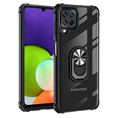 Silikon Hülle Handyhülle und Kunststoff Schutzhülle Hartschalen Tasche mit Magnetisch Fingerring Ständer MQ2 für Samsung Galaxy A22 4G Silber und Schwarz