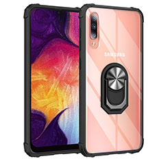 Silikon Hülle Handyhülle und Kunststoff Schutzhülle Hartschalen Tasche mit Magnetisch Fingerring Ständer MQ2 für Samsung Galaxy A30S Silber und Schwarz