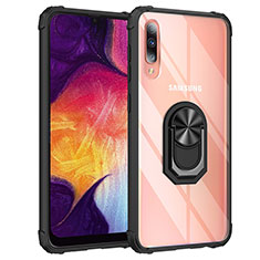 Silikon Hülle Handyhülle und Kunststoff Schutzhülle Hartschalen Tasche mit Magnetisch Fingerring Ständer MQ2 für Samsung Galaxy A50S Schwarz