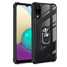 Silikon Hülle Handyhülle und Kunststoff Schutzhülle Hartschalen Tasche mit Magnetisch Fingerring Ständer MQ2 für Samsung Galaxy M02 Silber und Schwarz