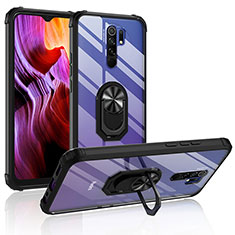 Silikon Hülle Handyhülle und Kunststoff Schutzhülle Hartschalen Tasche mit Magnetisch Fingerring Ständer MQ2 für Xiaomi Redmi 9 Prime India Schwarz