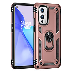 Silikon Hülle Handyhülle und Kunststoff Schutzhülle Hartschalen Tasche mit Magnetisch Fingerring Ständer MQ3 für OnePlus 9 5G Rosegold