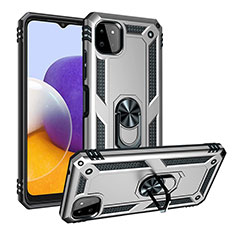 Silikon Hülle Handyhülle und Kunststoff Schutzhülle Hartschalen Tasche mit Magnetisch Fingerring Ständer MQ3 für Samsung Galaxy A22 5G Silber