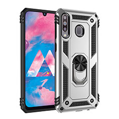 Silikon Hülle Handyhülle und Kunststoff Schutzhülle Hartschalen Tasche mit Magnetisch Fingerring Ständer MQ3 für Samsung Galaxy A40s Silber