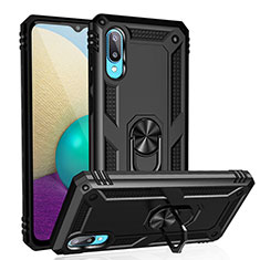 Silikon Hülle Handyhülle und Kunststoff Schutzhülle Hartschalen Tasche mit Magnetisch Fingerring Ständer MQ3 für Samsung Galaxy M02 Schwarz