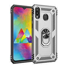 Silikon Hülle Handyhülle und Kunststoff Schutzhülle Hartschalen Tasche mit Magnetisch Fingerring Ständer MQ3 für Samsung Galaxy M20 Silber