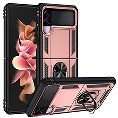 Silikon Hülle Handyhülle und Kunststoff Schutzhülle Hartschalen Tasche mit Magnetisch Fingerring Ständer MQ3 für Samsung Galaxy Z Flip3 5G Rosegold