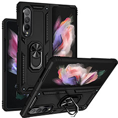 Silikon Hülle Handyhülle und Kunststoff Schutzhülle Hartschalen Tasche mit Magnetisch Fingerring Ständer MQ3 für Samsung Galaxy Z Fold4 5G Schwarz