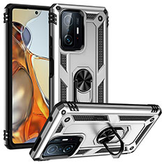 Silikon Hülle Handyhülle und Kunststoff Schutzhülle Hartschalen Tasche mit Magnetisch Fingerring Ständer MQ3 für Xiaomi Mi 11T 5G Silber