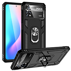 Silikon Hülle Handyhülle und Kunststoff Schutzhülle Hartschalen Tasche mit Magnetisch Fingerring Ständer MQ3 für Xiaomi Poco X4 Pro 5G Schwarz
