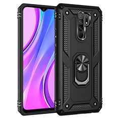 Silikon Hülle Handyhülle und Kunststoff Schutzhülle Hartschalen Tasche mit Magnetisch Fingerring Ständer MQ3 für Xiaomi Redmi 9 Prime India Schwarz