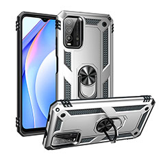 Silikon Hülle Handyhülle und Kunststoff Schutzhülle Hartschalen Tasche mit Magnetisch Fingerring Ständer MQ3 für Xiaomi Redmi Note 9 4G Silber