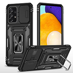 Silikon Hülle Handyhülle und Kunststoff Schutzhülle Hartschalen Tasche mit Magnetisch Fingerring Ständer MQ4 für Samsung Galaxy A52s 5G Schwarz