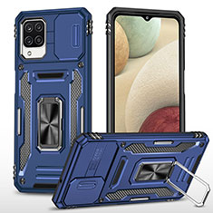 Silikon Hülle Handyhülle und Kunststoff Schutzhülle Hartschalen Tasche mit Magnetisch Fingerring Ständer MQ4 für Samsung Galaxy F12 Blau