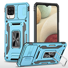 Silikon Hülle Handyhülle und Kunststoff Schutzhülle Hartschalen Tasche mit Magnetisch Fingerring Ständer MQ4 für Samsung Galaxy F12 Hellblau