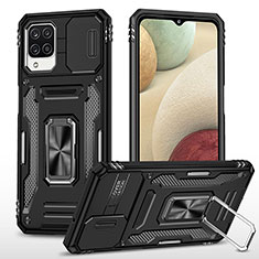 Silikon Hülle Handyhülle und Kunststoff Schutzhülle Hartschalen Tasche mit Magnetisch Fingerring Ständer MQ4 für Samsung Galaxy F12 Schwarz