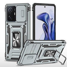 Silikon Hülle Handyhülle und Kunststoff Schutzhülle Hartschalen Tasche mit Magnetisch Fingerring Ständer MQ4 für Xiaomi Mi 11T 5G Silber