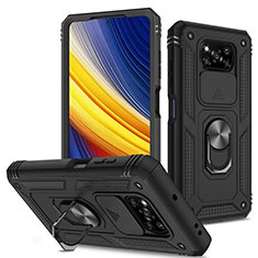 Silikon Hülle Handyhülle und Kunststoff Schutzhülle Hartschalen Tasche mit Magnetisch Fingerring Ständer MQ4 für Xiaomi Poco X3 NFC Schwarz