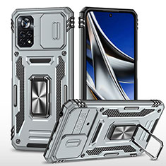 Silikon Hülle Handyhülle und Kunststoff Schutzhülle Hartschalen Tasche mit Magnetisch Fingerring Ständer MQ4 für Xiaomi Poco X4 Pro 5G Silber