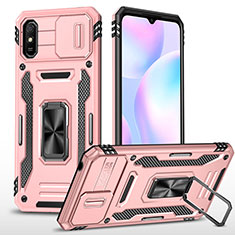 Silikon Hülle Handyhülle und Kunststoff Schutzhülle Hartschalen Tasche mit Magnetisch Fingerring Ständer MQ4 für Xiaomi Redmi 9i Rosegold