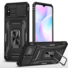 Silikon Hülle Handyhülle und Kunststoff Schutzhülle Hartschalen Tasche mit Magnetisch Fingerring Ständer MQ4 für Xiaomi Redmi 9i Schwarz