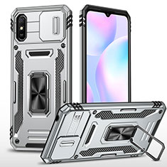 Silikon Hülle Handyhülle und Kunststoff Schutzhülle Hartschalen Tasche mit Magnetisch Fingerring Ständer MQ4 für Xiaomi Redmi 9i Silber