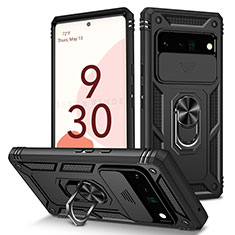 Silikon Hülle Handyhülle und Kunststoff Schutzhülle Hartschalen Tasche mit Magnetisch Fingerring Ständer MQ5 für Google Pixel 6 Pro 5G Schwarz