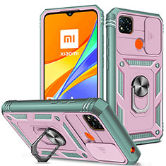 Silikon Hülle Handyhülle und Kunststoff Schutzhülle Hartschalen Tasche mit Magnetisch Fingerring Ständer MQ5 für Xiaomi Redmi 9 India Pink