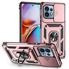 Silikon Hülle Handyhülle und Kunststoff Schutzhülle Hartschalen Tasche mit Magnetisch Fingerring Ständer MQ6 für Motorola Moto Edge 40 Pro 5G Rosegold