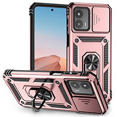 Silikon Hülle Handyhülle und Kunststoff Schutzhülle Hartschalen Tasche mit Magnetisch Fingerring Ständer MQ6 für Motorola Moto G 5G (2023) Rosegold